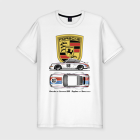 Мужская футболка хлопок Slim с принтом Porsche 911 Carrera RSR   Daytona 24 Hours 1973 Motorsport в Екатеринбурге, 92% хлопок, 8% лайкра | приталенный силуэт, круглый вырез ворота, длина до линии бедра, короткий рукав | car | germany | motorsport | porsche | power | prestige | автомобиль | автоспорт | германия | мощь | порше | престиж