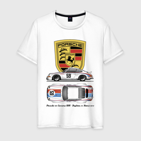 Мужская футболка хлопок с принтом Porsche 911 Carrera RSR   Daytona 24 Hours 1973 Motorsport , 100% хлопок | прямой крой, круглый вырез горловины, длина до линии бедер, слегка спущенное плечо. | car | germany | motorsport | porsche | power | prestige | автомобиль | автоспорт | германия | мощь | порше | престиж