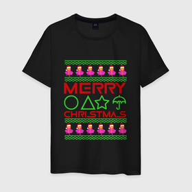 Мужская футболка хлопок с принтом Merry Christmas Squid Game в Курске, 100% хлопок | прямой крой, круглый вырез горловины, длина до линии бедер, слегка спущенное плечо. | 2022 | merry christmas | squid game | squid game new year | игра в кальмара | новогодняя игра в кальмара | новый год | новый год 2022 | паттерн игра в кальмара | рождество | с рождеством | сериал игра в кальмара