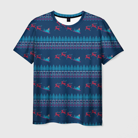 Мужская футболка 3D с принтом Санта Клаус и олени , 100% полиэфир | прямой крой, круглый вырез горловины, длина до линии бедер | 2022 | new year | новогодний орнамент | новый год | новый год 2022 | олени | повозка с оленями | с новым годом | санта | санта с оленями | свитер с оленями