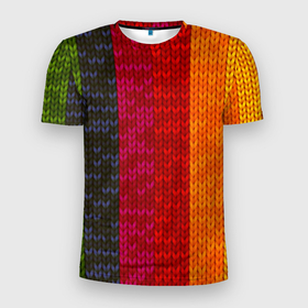 Мужская футболка 3D Slim с принтом Вязаная радуга в Белгороде, 100% полиэстер с улучшенными характеристиками | приталенный силуэт, круглая горловина, широкие плечи, сужается к линии бедра | вязание | вязанка | нитки | радуга | текстура | шерсть