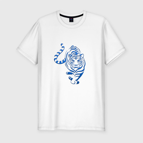Мужская футболка хлопок Slim с принтом Символ года (тигр) 2022 в Екатеринбурге, 92% хлопок, 8% лайкра | приталенный силуэт, круглый вырез ворота, длина до линии бедра, короткий рукав | 2022 | зима | новый год | символ года | снег | тигр