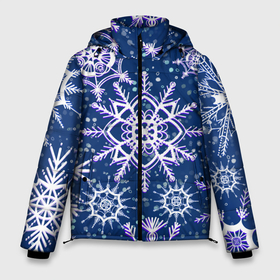 Мужская зимняя куртка 3D с принтом Белые снежинки на темно синем фоне , верх — 100% полиэстер; подкладка — 100% полиэстер; утеплитель — 100% полиэстер | длина ниже бедра, свободный силуэт Оверсайз. Есть воротник-стойка, отстегивающийся капюшон и ветрозащитная планка. 

Боковые карманы с листочкой на кнопках и внутренний карман на молнии. | Тематика изображения на принте: белое на темном | белые снежинки | зима | зимний мотив | зимний паттерн | зимний узор | зимняя | падают снежинки | паттерн снежинки | снег | снегопад | снежинки | снежная | темно синий