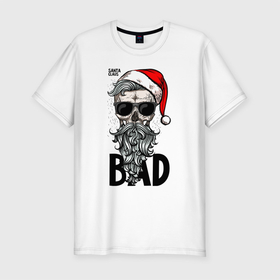 Мужская футболка хлопок Slim с принтом SANTA CLAUS BAD в Курске, 92% хлопок, 8% лайкра | приталенный силуэт, круглый вырез ворота, длина до линии бедра, короткий рукав | Тематика изображения на принте: bad | beard | christmas | hipster | new year | red cap | santa claus | skull | борода | красный колпак | новый год | очки | рождество | санта клаус | хипстер | череп