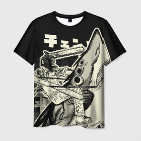 Мужская футболка 3D с принтом Человек бензопила и Демон акула в Тюмени, 100% полиэфир | прямой крой, круглый вырез горловины, длина до линии бедер | chainsaw man | power | аниме | бензопила | демон бензопилы | дэнджи | манга | охотник на демонов | пауэр | почита | человекбензопила