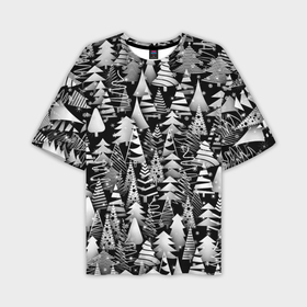 Мужская футболка OVERSIZE 3D с принтом Лес абстрактных ёлок в Екатеринбурге,  |  | абстракция | ёлка | ель | лес | новогодний | новый год | паттерн | рождество | снег | снежинки | чернобелый