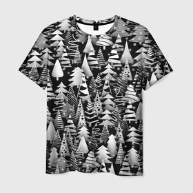 Мужская футболка 3D с принтом Лес абстрактных ёлок в Кировске, 100% полиэфир | прямой крой, круглый вырез горловины, длина до линии бедер | Тематика изображения на принте: абстракция | ёлка | ель | лес | новогодний | новый год | паттерн | рождество | снег | снежинки | чернобелый