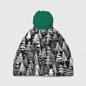 Шапка 3D c помпоном с принтом Лес абстрактных ёлок , 100% полиэстер | универсальный размер, печать по всей поверхности изделия | абстракция | ёлка | ель | лес | новогодний | новый год | паттерн | рождество | снег | снежинки | чернобелый