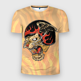 Мужская футболка 3D Slim с принтом Тигр байкер в Белгороде, 100% полиэстер с улучшенными характеристиками | приталенный силуэт, круглая горловина, широкие плечи, сужается к линии бедра | tiger | байкер | в шлеме | восточный тигр | год тигра | кошка | тигр | тигренок | хищник