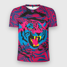 Мужская футболка 3D Slim с принтом Тигр красочный в Курске, 100% полиэстер с улучшенными характеристиками | приталенный силуэт, круглая горловина, широкие плечи, сужается к линии бедра | tiger | восточный тигр | год тигра | кошка | тигр | тигренок | хищник