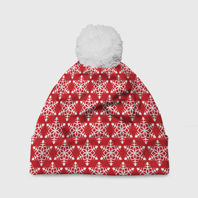 Шапка 3D c помпоном с принтом Снежинки (белые на красном) мелкий принт в Курске, 100% полиэстер | универсальный размер, печать по всей поверхности изделия | christmas | new year | snowflakes | зима | зимний | красный | новогодний | новый год | орнамент | паттерн | праздник | праздничный | принт | рождественский | рождество | снег | снежинки | узор