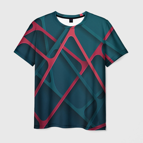 Мужская футболка 3D с принтом Серо красные нити в Новосибирске, 100% полиэфир | прямой крой, круглый вырез горловины, длина до линии бедер | абстракция | линии | нити | паутина | пересечение