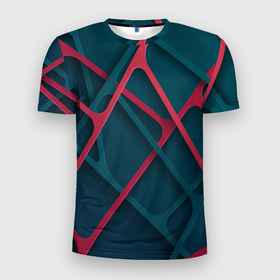 Мужская футболка 3D Slim с принтом Серо красные нити в Екатеринбурге, 100% полиэстер с улучшенными характеристиками | приталенный силуэт, круглая горловина, широкие плечи, сужается к линии бедра | абстракция | линии | нити | паутина | пересечение
