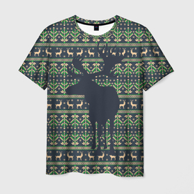 Мужская футболка 3D с принтом Лось на вязанном фоне , 100% полиэфир | прямой крой, круглый вырез горловины, длина до линии бедер | вышивка | вязаное | дикий. | животное | лес | лось | паттерн | узор
