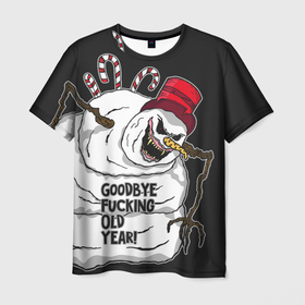 Мужская футболка 3D с принтом Goodbye fucking old year в Тюмени, 100% полиэфир | прямой крой, круглый вырез горловины, длина до линии бедер | christmas | fangs | halloween | new year | predatory | red eyes | scary | snowman | terrible | досвидания старый год | клыки | красные глаза | новый год | рождество | снеговик | страшный | ужасный | хищный | хэллоуин