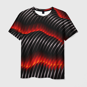 Мужская футболка 3D с принтом Красный неон и 3D геометрия в Новосибирске, 100% полиэфир | прямой крой, круглый вырез горловины, длина до линии бедер | 3d | 3д | абстракция | геометрия | красный | неон | текстура
