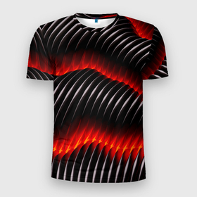 Мужская футболка 3D Slim с принтом Красный неон и 3D геометрия в Екатеринбурге, 100% полиэстер с улучшенными характеристиками | приталенный силуэт, круглая горловина, широкие плечи, сужается к линии бедра | 3d | 3д | абстракция | геометрия | красный | неон | текстура