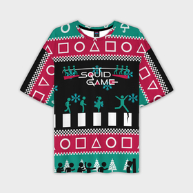 Мужская футболка OVERSIZE 3D с принтом Свитер Кальмара ,  |  | christmas | new year | squid | squid game | зимний | игра в кальмара | кальмар | новогодний | новый год | паттерн кальмар | праздник | праздничный | рождественский | рождественский свитер | рождество