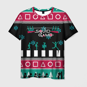 Мужская футболка 3D с принтом Свитер Кальмара в Петрозаводске, 100% полиэфир | прямой крой, круглый вырез горловины, длина до линии бедер | christmas | new year | squid | squid game | зимний | игра в кальмара | кальмар | новогодний | новый год | паттерн кальмар | праздник | праздничный | рождественский | рождественский свитер | рождество