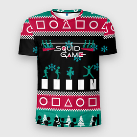 Мужская футболка 3D спортивная с принтом Свитер Кальмара в Екатеринбурге, 100% полиэстер с улучшенными характеристиками | приталенный силуэт, круглая горловина, широкие плечи, сужается к линии бедра | christmas | new year | squid | squid game | зимний | игра в кальмара | кальмар | новогодний | новый год | паттерн кальмар | праздник | праздничный | рождественский | рождественский свитер | рождество