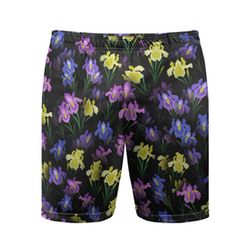 Мужские шорты спортивные с принтом Ночные ирисы ,  |  | Тематика изображения на принте: букет | ирис | клумба | паттерн | растения | флора | цветочки | цветы