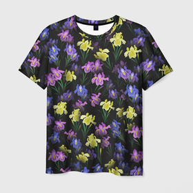 Мужская футболка 3D с принтом Ночные ирисы в Кировске, 100% полиэфир | прямой крой, круглый вырез горловины, длина до линии бедер | букет | ирис | клумба | паттерн | растения | флора | цветочки | цветы