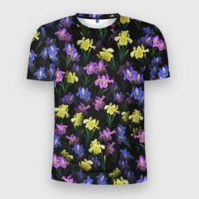 Мужская футболка 3D Slim с принтом Ночные ирисы в Кировске, 100% полиэстер с улучшенными характеристиками | приталенный силуэт, круглая горловина, широкие плечи, сужается к линии бедра | букет | ирис | клумба | паттерн | растения | флора | цветочки | цветы