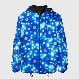 Мужская куртка 3D с принтом Сверкающие снежинки в Новосибирске, ткань верха — 100% полиэстер, подклад — флис | прямой крой, подол и капюшон оформлены резинкой с фиксаторами, два кармана без застежек по бокам, один большой потайной карман на груди. Карман на груди застегивается на липучку | blue | christmas | cold | ice | new year | snow | snowflakes | stars | winter | блеск | звезды | зима | зимний орнамент | иней | космические снежинки | кристаллы | лед | мороз | новогодний узор | новый год | подарок | рождество