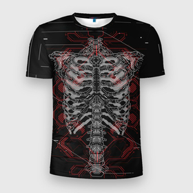 Мужская футболка 3D Slim с принтом Биомеханический скелет (cyberpunk) в Кировске, 100% полиэстер с улучшенными характеристиками | приталенный силуэт, круглая горловина, широкие плечи, сужается к линии бедра | biomechanics | cyberpunk 2077 | future | game | skeleton | скелет