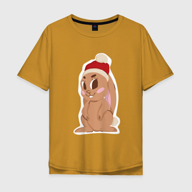 Мужская футболка хлопок Oversize с принтом Новогодний зайчик 2022 в Курске, 100% хлопок | свободный крой, круглый ворот, “спинка” длиннее передней части | 2022 | заяц | кролик | новый год
