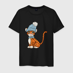 Мужская футболка хлопок с принтом Тигренок в зимней шапке в Кировске, 100% хлопок | прямой крой, круглый вырез горловины, длина до линии бедер, слегка спущенное плечо. | 2022 | год тигра | новый год | новый год 2022 | символ года | тигр | тигренок | тигрица | тигры