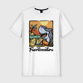 Мужская футболка хлопок Slim с принтом Fuerteventura, beach в Новосибирске, 92% хлопок, 8% лайкра | приталенный силуэт, круглый вырез ворота, длина до линии бедра, короткий рукав | Тематика изображения на принте: beach | eyes | fin | fuerteventura | island | jaw | ocean | palma | sand | shark | sun | tetth | tongue | view | акула | взгляд | глаза | зубы | океан | остров | пальма | пасть | песок | плавник | пляж | солнце | язык