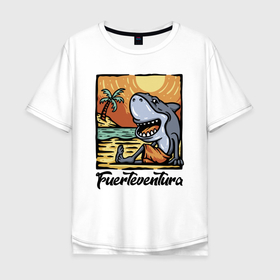 Мужская футболка хлопок Oversize с принтом Fuerteventura, beach в Санкт-Петербурге, 100% хлопок | свободный крой, круглый ворот, “спинка” длиннее передней части | beach | eyes | fin | fuerteventura | island | jaw | ocean | palma | sand | shark | sun | tetth | tongue | view | акула | взгляд | глаза | зубы | океан | остров | пальма | пасть | песок | плавник | пляж | солнце | язык