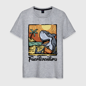 Мужская футболка хлопок с принтом Fuerteventura, beach в Петрозаводске, 100% хлопок | прямой крой, круглый вырез горловины, длина до линии бедер, слегка спущенное плечо. | Тематика изображения на принте: beach | eyes | fin | fuerteventura | island | jaw | ocean | palma | sand | shark | sun | tetth | tongue | view | акула | взгляд | глаза | зубы | океан | остров | пальма | пасть | песок | плавник | пляж | солнце | язык