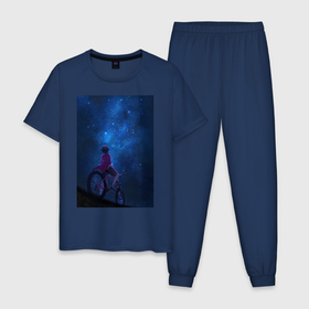 Мужская пижама хлопок с принтом Взгляд на небо в Курске, 100% хлопок | брюки и футболка прямого кроя, без карманов, на брюках мягкая резинка на поясе и по низу штанин
 | Тематика изображения на принте: в топе | в тренде | велосипед | звезды | космос | небо | романтика | синий
