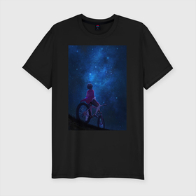 Мужская футболка хлопок Slim с принтом Взгляд на небо в Курске, 92% хлопок, 8% лайкра | приталенный силуэт, круглый вырез ворота, длина до линии бедра, короткий рукав | Тематика изображения на принте: в топе | в тренде | велосипед | звезды | космос | небо | романтика | синий