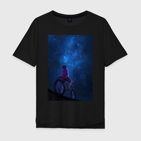 Мужская футболка хлопок Oversize с принтом Взгляд на небо в Курске, 100% хлопок | свободный крой, круглый ворот, “спинка” длиннее передней части | Тематика изображения на принте: в топе | в тренде | велосипед | звезды | космос | небо | романтика | синий