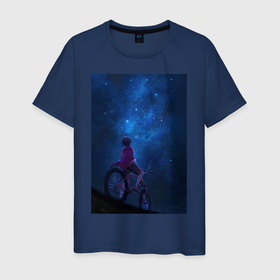 Мужская футболка хлопок с принтом Взгляд на небо в Курске, 100% хлопок | прямой крой, круглый вырез горловины, длина до линии бедер, слегка спущенное плечо. | Тематика изображения на принте: в топе | в тренде | велосипед | звезды | космос | небо | романтика | синий