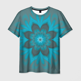 Мужская футболка 3D с принтом Абстрактный цветок. Бирюзово серый. в Новосибирске, 100% полиэфир | прямой крой, круглый вырез горловины, длина до линии бедер | abstraction | blue | flower | fractal | turquoise | абстракция | бирюзовый | фрактал | цветок