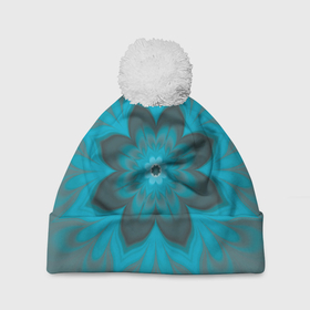 Шапка 3D c помпоном с принтом Абстрактный цветок. Бирюзово серый. в Новосибирске, 100% полиэстер | универсальный размер, печать по всей поверхности изделия | abstraction | blue | flower | fractal | turquoise | абстракция | бирюзовый | фрактал | цветок