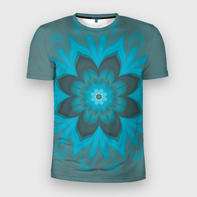 Мужская футболка 3D Slim с принтом Абстрактный цветок. Бирюзово серый. в Новосибирске, 100% полиэстер с улучшенными характеристиками | приталенный силуэт, круглая горловина, широкие плечи, сужается к линии бедра | abstraction | blue | flower | fractal | turquoise | абстракция | бирюзовый | фрактал | цветок