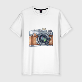Мужская футболка хлопок Slim с принтом Ретро фотокамера в Петрозаводске, 92% хлопок, 8% лайкра | приталенный силуэт, круглый вырез ворота, длина до линии бедра, короткий рукав | камера | ретро | фото | фотоаппарат | фотограф