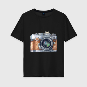 Женская футболка хлопок Oversize с принтом Ретро фотокамера в Белгороде, 100% хлопок | свободный крой, круглый ворот, спущенный рукав, длина до линии бедер
 | камера | ретро | фото | фотоаппарат | фотограф