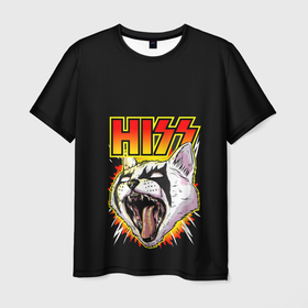 Мужская футболка 3D с принтом Hiss кот рокер в Петрозаводске, 100% полиэфир | прямой крой, круглый вырез горловины, длина до линии бедер | cat | hiss | kitty | молнии звука | орущий кот | рокер | хисс