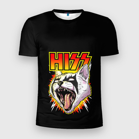 Мужская футболка 3D Slim с принтом Hiss кот рокер в Санкт-Петербурге, 100% полиэстер с улучшенными характеристиками | приталенный силуэт, круглая горловина, широкие плечи, сужается к линии бедра | cat | hiss | kitty | молнии звука | орущий кот | рокер | хисс