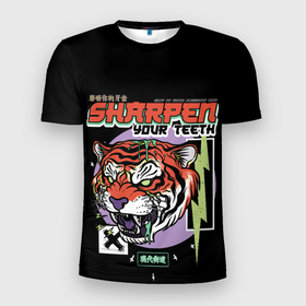 Мужская футболка 3D спортивная с принтом Поточи зубки тигр 2022 в Санкт-Петербурге, 100% полиэстер с улучшенными характеристиками | приталенный силуэт, круглая горловина, широкие плечи, сужается к линии бедра | Тематика изображения на принте: 2022 | sharpen your teeth | год тигра | зубы | поточи | тигр