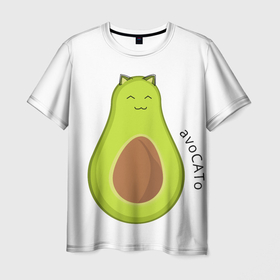 Мужская футболка 3D с принтом AvoCATo кот авокадо в Санкт-Петербурге, 100% полиэфир | прямой крой, круглый вырез горловины, длина до линии бедер | авокадо | кот | мило | милота | овощ | с ушками | фрукт