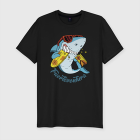 Мужская футболка хлопок Slim с принтом Fuerteventura, summer style в Новосибирске, 92% хлопок, 8% лайкра | приталенный силуэт, круглый вырез ворота, длина до линии бедра, короткий рукав | fin | fuerteventura | island | jaw | shark | summer | tail | teeth | акула | зубы | лето | остров | пасть | плавник | хвост