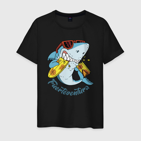 Мужская футболка хлопок с принтом Fuerteventura, summer style в Петрозаводске, 100% хлопок | прямой крой, круглый вырез горловины, длина до линии бедер, слегка спущенное плечо. | Тематика изображения на принте: fin | fuerteventura | island | jaw | shark | summer | tail | teeth | акула | зубы | лето | остров | пасть | плавник | хвост