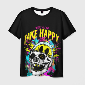 Мужская футболка 3D с принтом Fake Happy Фальшивое счастье в Белгороде, 100% полиэфир | прямой крой, круглый вырез горловины, длина до линии бедер | Тематика изображения на принте: fake happy | happy | пестрый дым | фальшивое счастье | череп